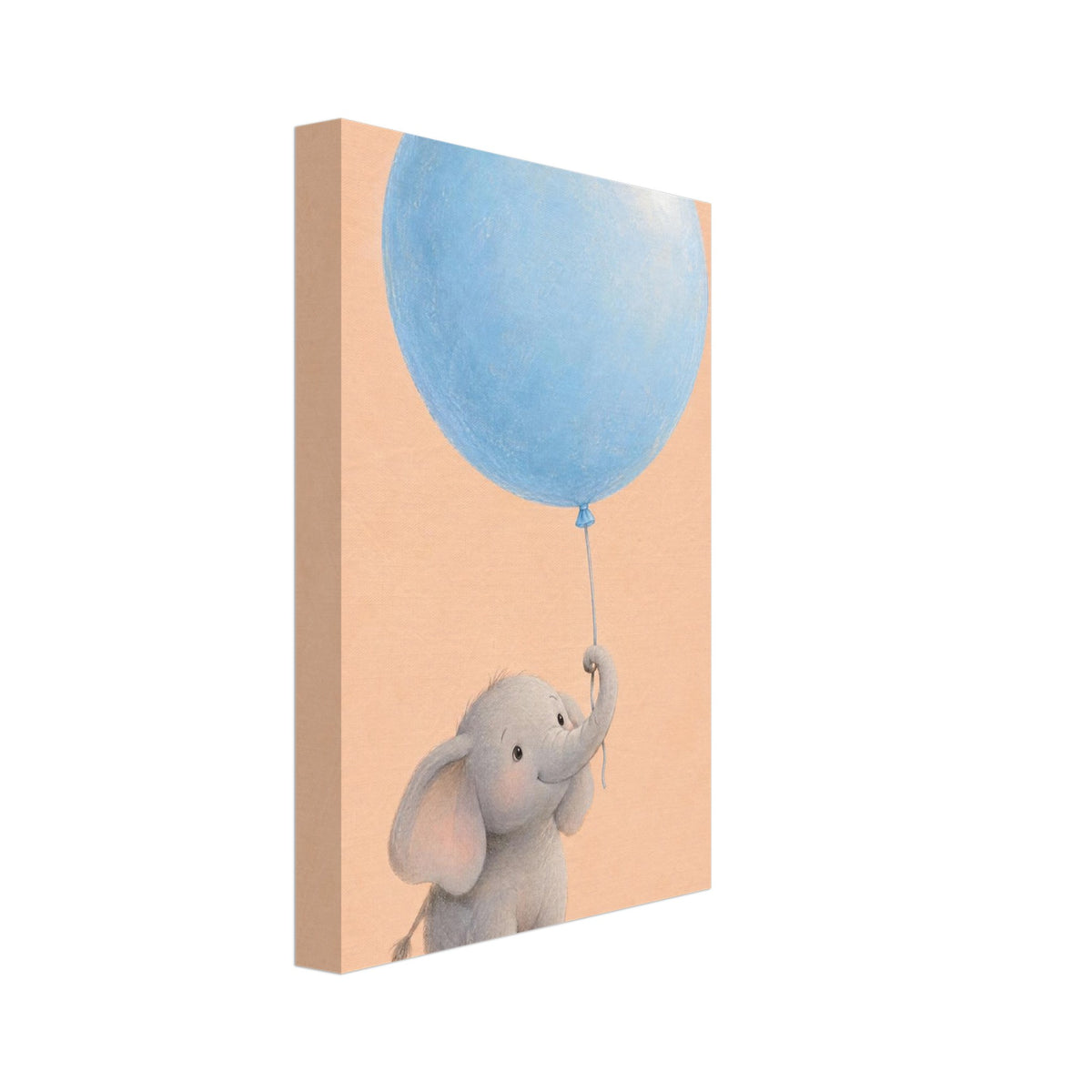 Smiling grey baby elephant holding an oversized pale blue balloon with its raised trunk against a peach background.