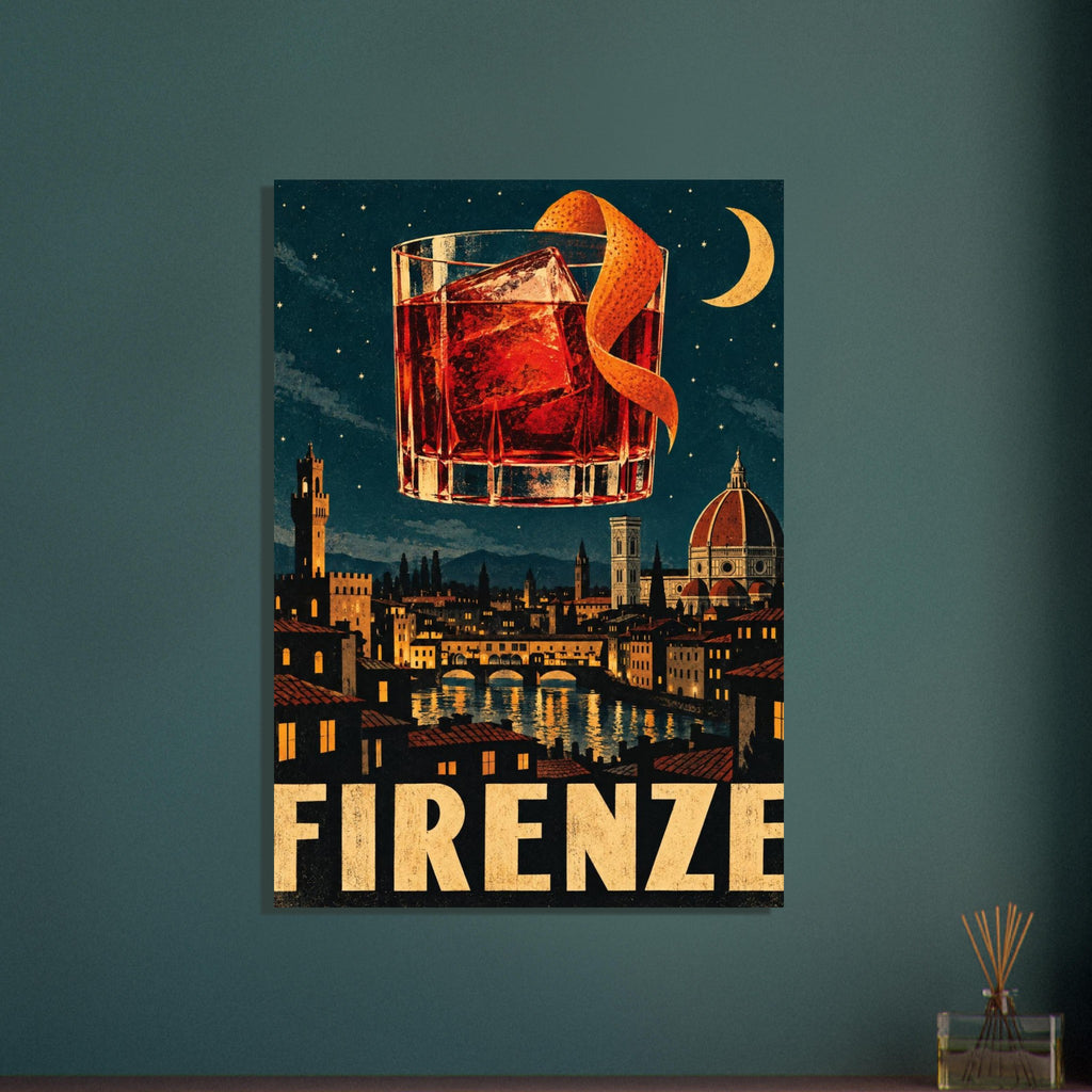 Red cocktail with ice and orange peel above a moonlit city skyline and river, with large cream FIRENZE lettering below.