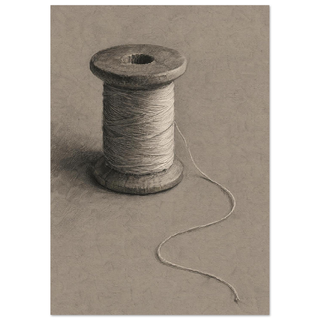 Wooden spool wrapped in pale thread, with a loose strand curling across a textured taupe background.