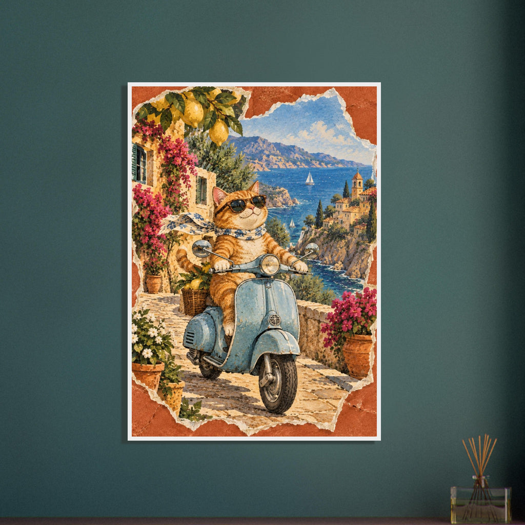 Orange cat in sunglasses and a scarf on a blue scooter, with lemons, flowers, coastal buildings and sailboats behind.
