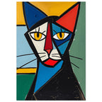 Cubist cat with yellow eyes, angular blue, cream and red features, and black whiskers against a colourful background.