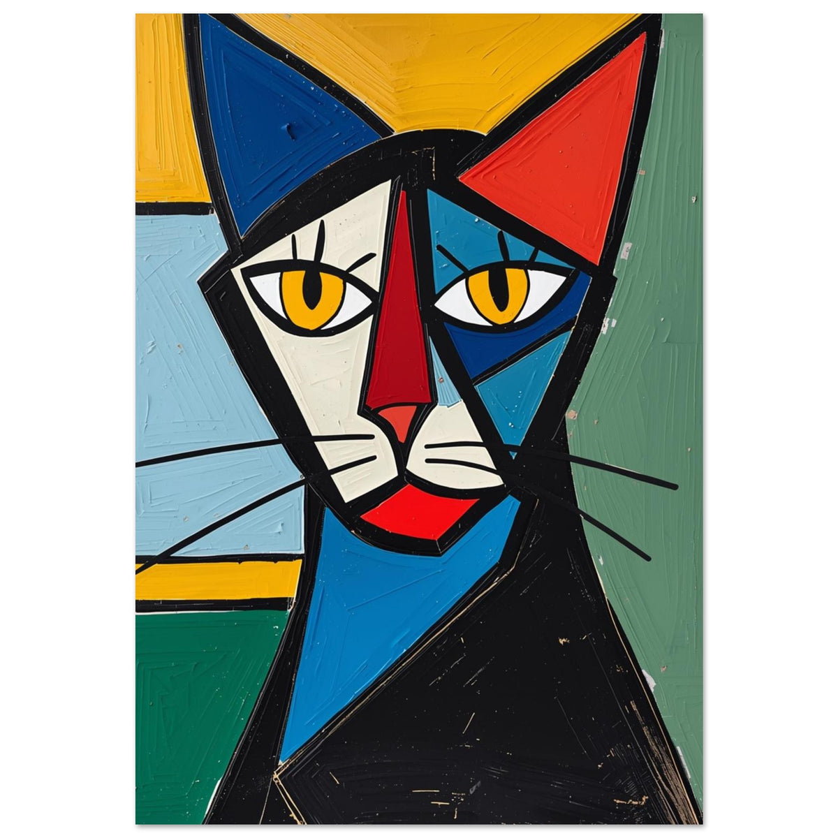 Cubist cat with yellow eyes, angular blue, cream and red features, and black whiskers against a colourful background.
