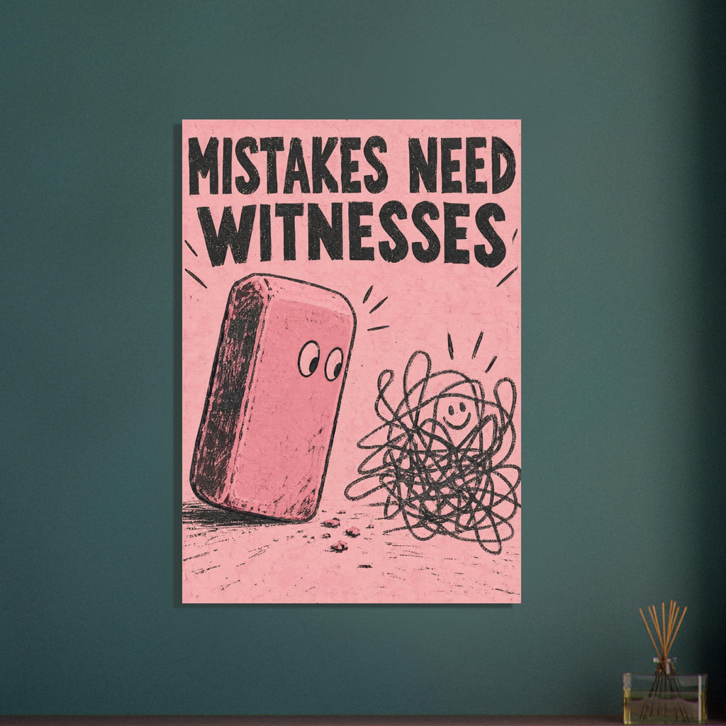 Black “Mistakes Need Witnesses” lettering above a cartoon eraser and smiling scribble on a textured pink background.