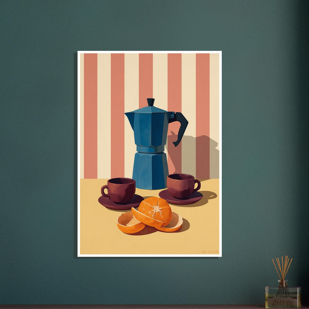 Blue moka pot with two burgundy cups and a peeled orange on a yellow table against coral and cream stripes.