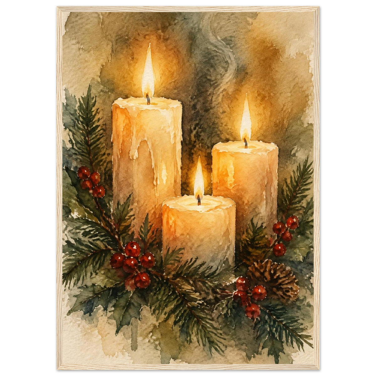 Watercolour painting of three lit advent candles with spruce sprigs and red berries