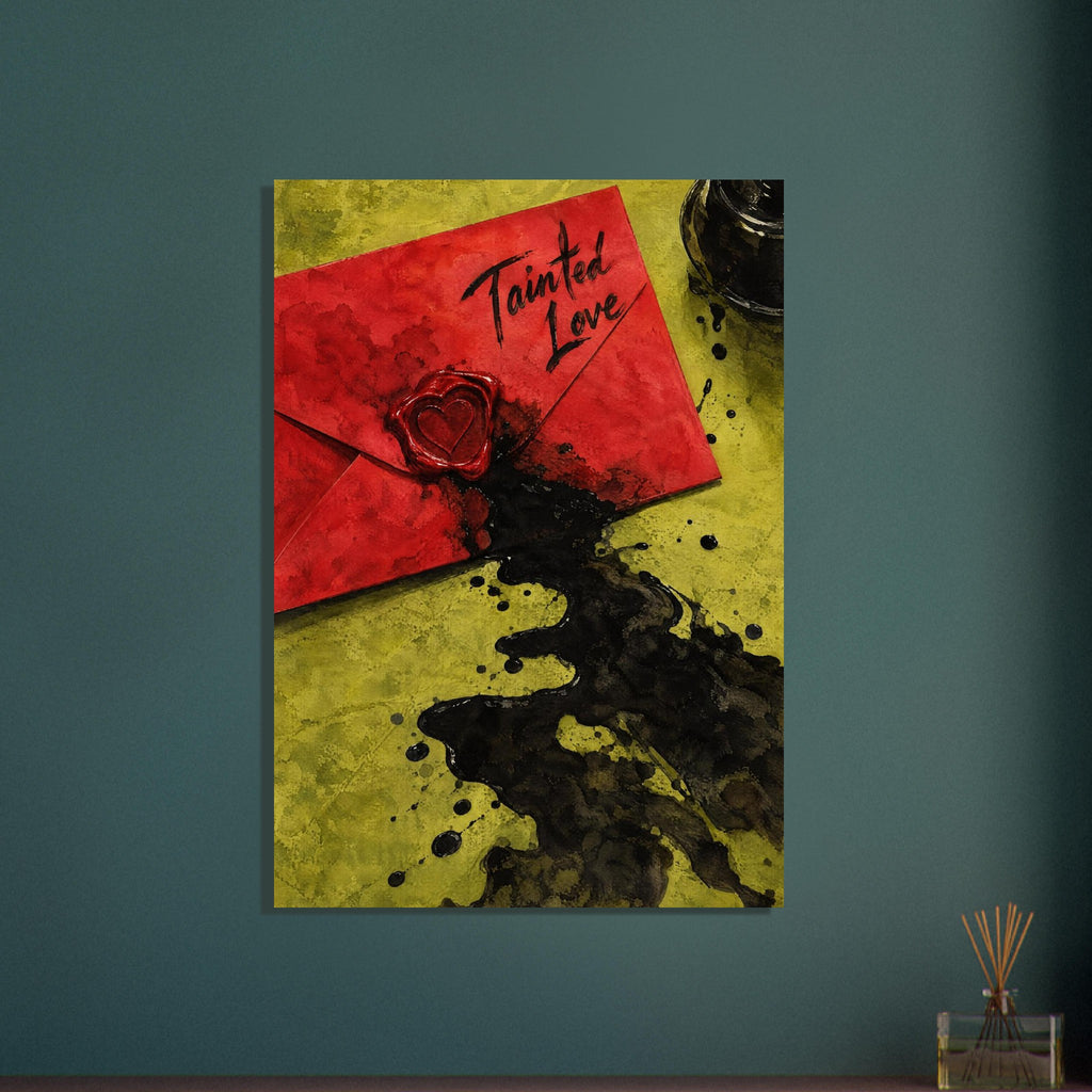 Red envelope reading “Tainted Love” with a heart wax seal, spilled black ink and an ink bottle on yellow-green.