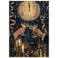 Two hands raising champagne coupes beneath a gold clock, with streamers, candles and a bottle against a dark navy skyline.