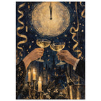 Two hands raising champagne coupes beneath a gold clock, with streamers, candles and a bottle against a dark navy skyline.