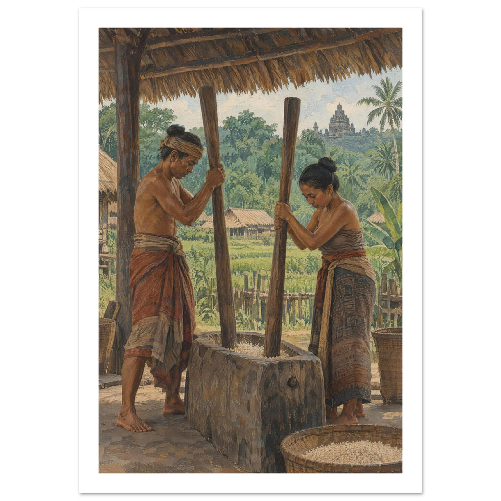Two figures pounding grain in a wooden mortar beneath a thatched roof, with green fields and a distant temple behind.