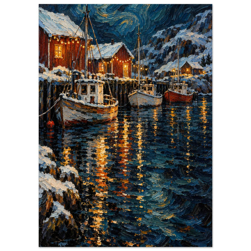 Christmas Eve Harbour shows three moored boats and snowy sheds beneath warm bulbs, with thick orange reflections across petro