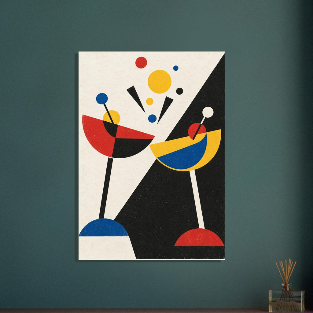 Two geometric cocktail glasses in red, yellow and blue against a cream and black diagonal background with floating circles.