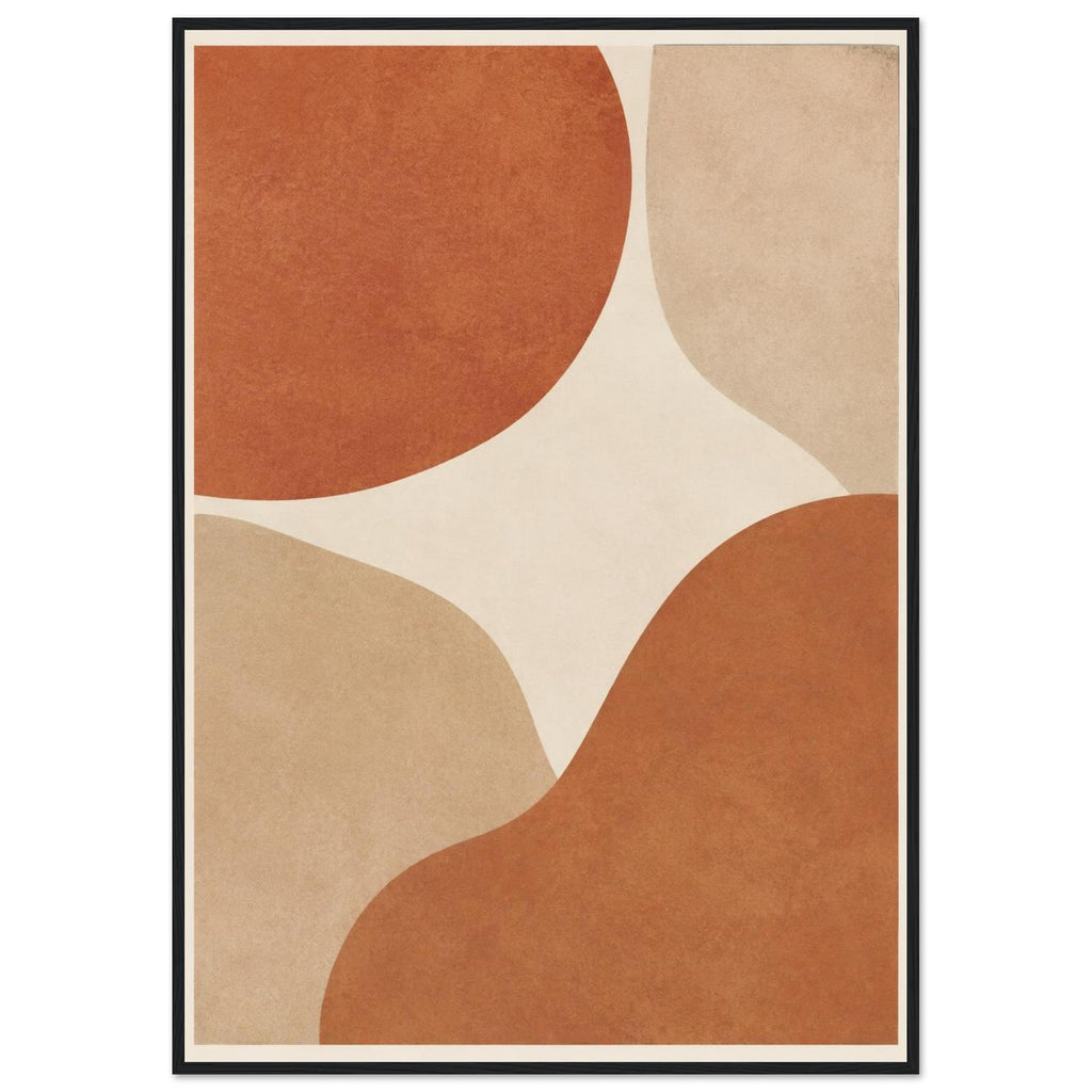 Abstract burnt orange and beige curved shapes on a cream background, with mottled texture and a narrow cream border.
