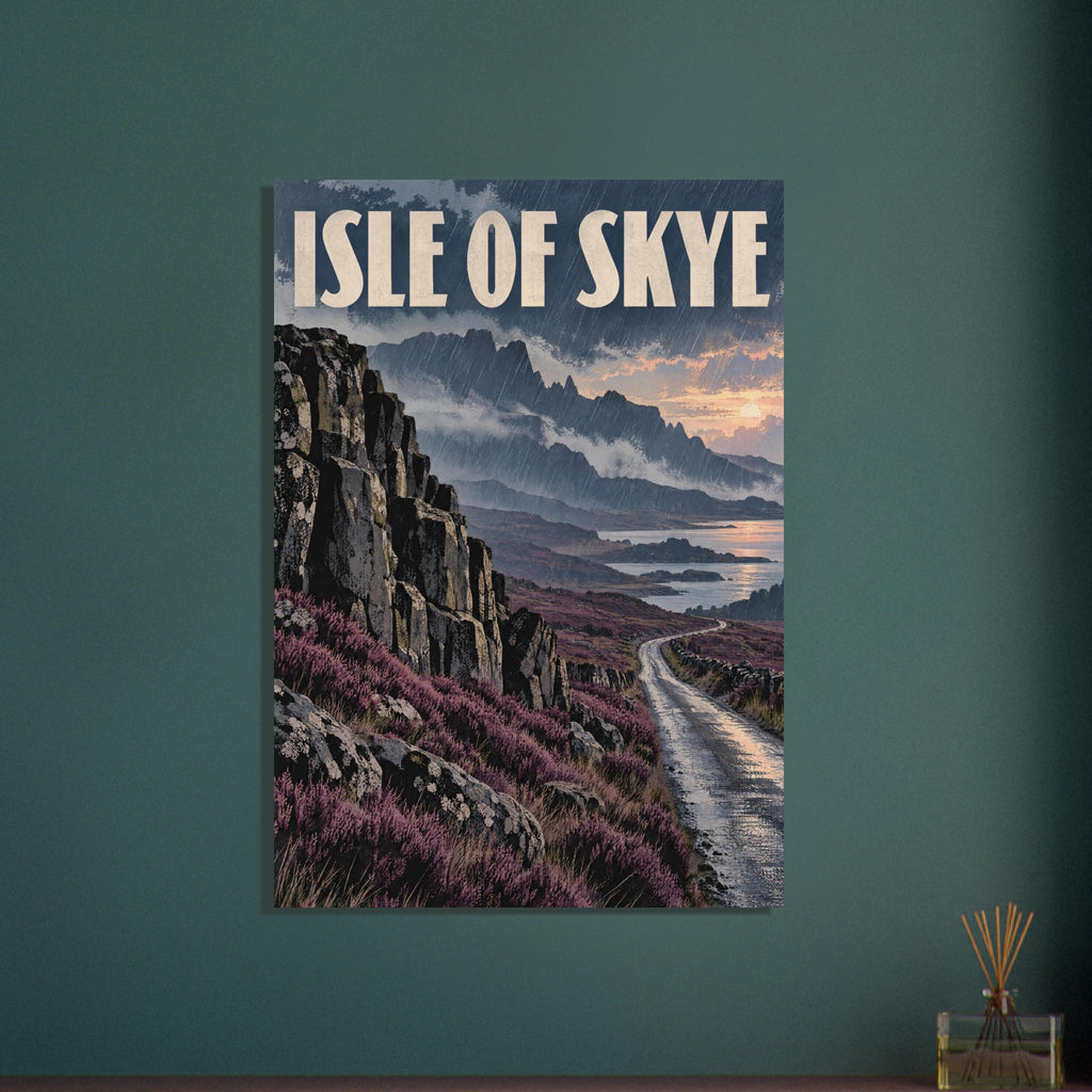 Isle of Skye poster with cream lettering, rainy mountain peaks, purple heather and a winding wet road beside water.