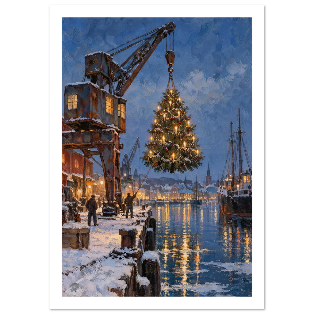 Illuminated Christmas tree suspended from a harbour crane above a snowy quay, with boats and golden reflections in blue water