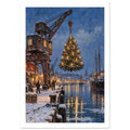Illuminated Christmas tree suspended from a harbour crane above a snowy quay, with boats and golden reflections in blue water