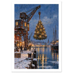 Illuminated Christmas tree suspended from a harbour crane above a snowy quay, with boats and golden reflections in blue water