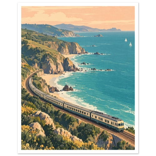 Train curving along coastal cliffs above turquoise sea, with sandy coves, green hills and sailboats beneath a peach sky.