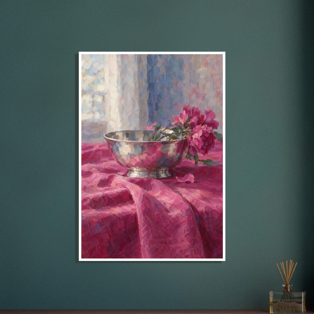 Pink flowers lean over a reflective silver bowl on folded magenta cloth, with a softly painted window behind.