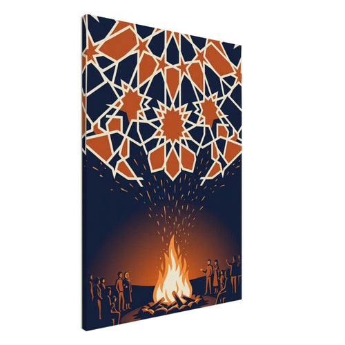 People gathered around a glowing bonfire beneath a canopy of orange geometric stars with cream outlines on navy.