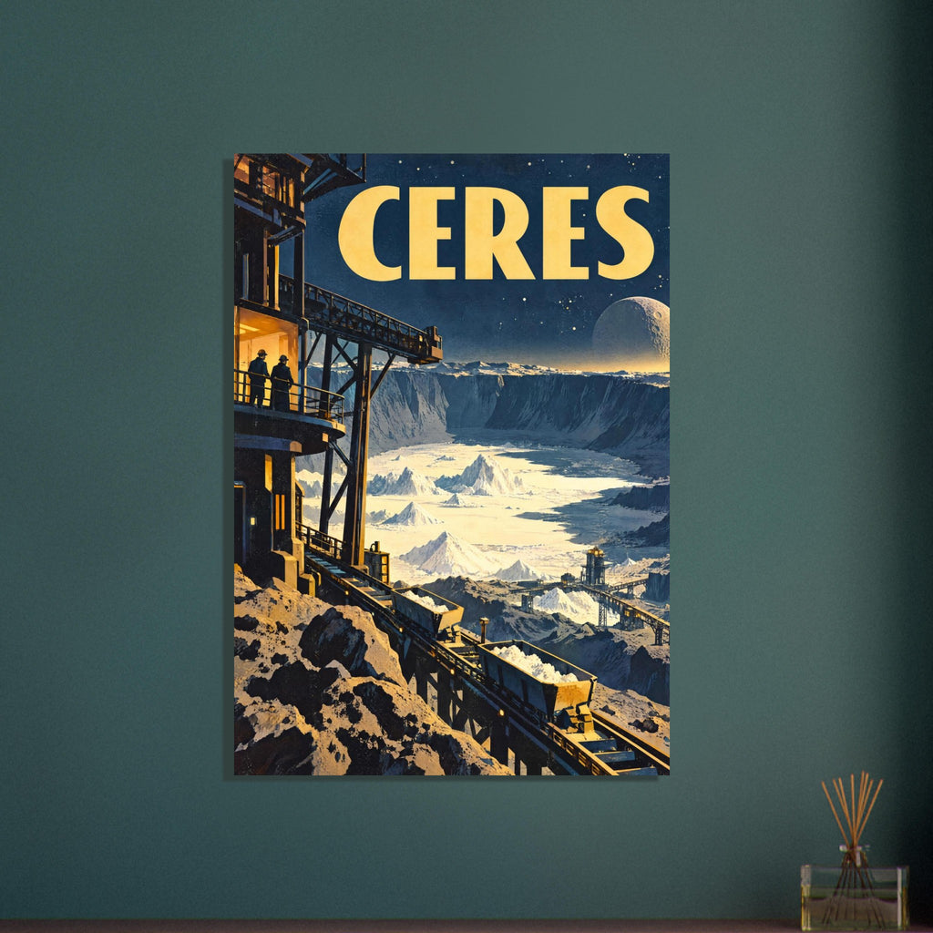 Ceres poster with yellow lettering, mining towers and carts overlooking a pale crater beneath a starry blue sky.