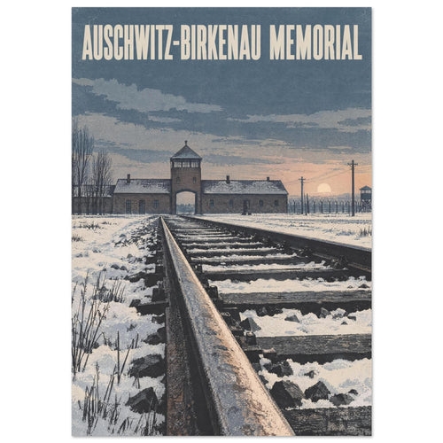 Snow-covered railway tracks lead to the Auschwitz-Birkenau gatehouse beneath memorial lettering and a blue-grey sky.