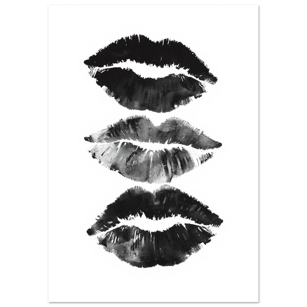 Three black and grey lip impressions stacked vertically on a white background, with textured edges and visible creases.