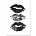 Three black and grey lip impressions stacked vertically on a white background, with textured edges and visible creases.