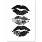 Three black and grey lip impressions stacked vertically on a white background, with textured edges and visible creases.