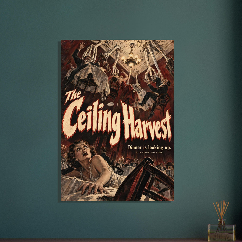 Horror poster with spindly ceiling creatures looming over frightened diners and large cream text reading The Ceiling Harvest.