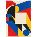 Geometric abstract shapes in red, blue, yellow, black and cream, with circles, diagonal bands and distressed texture.