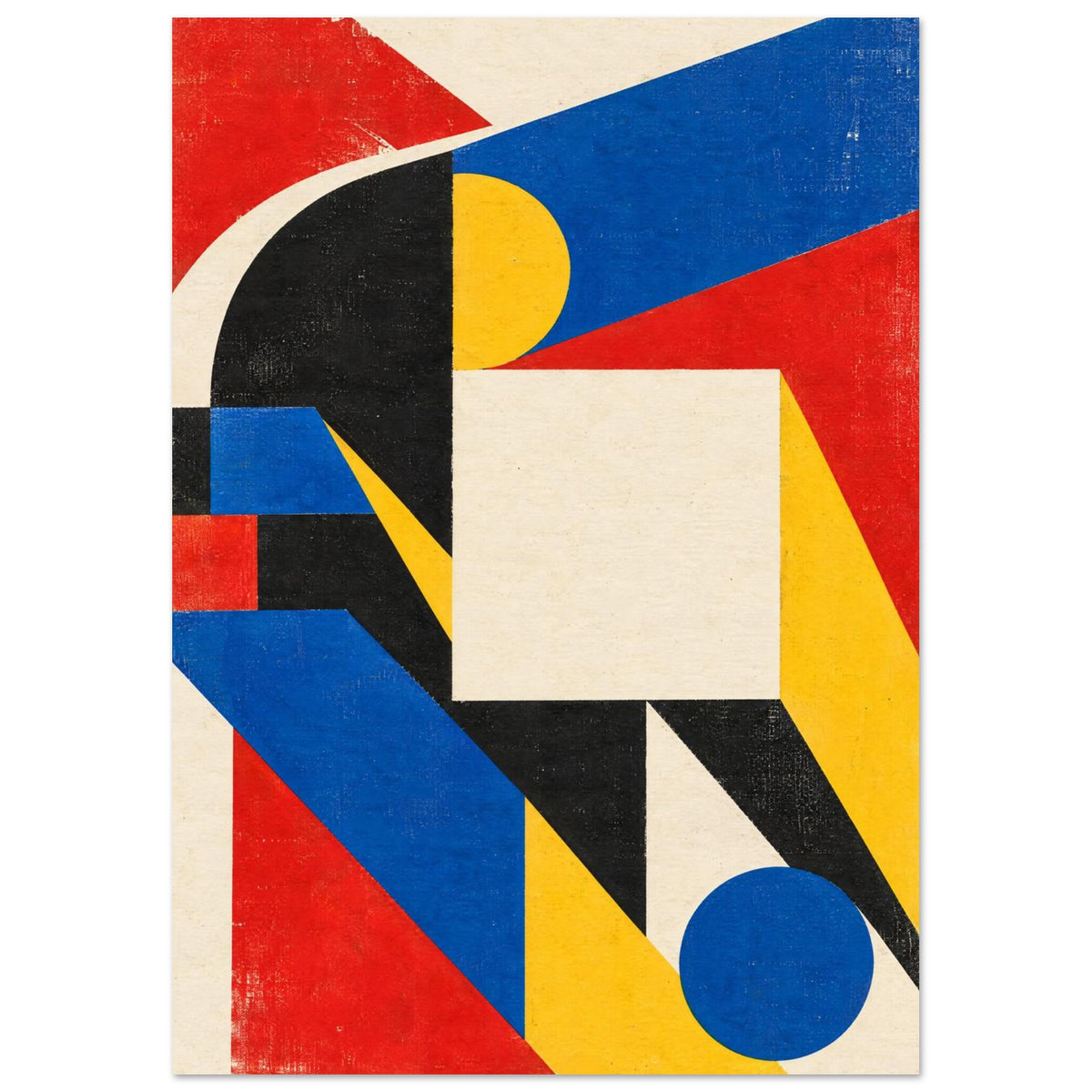 Geometric abstract shapes in red, blue, yellow, black and cream, with circles, diagonal bands and distressed texture.