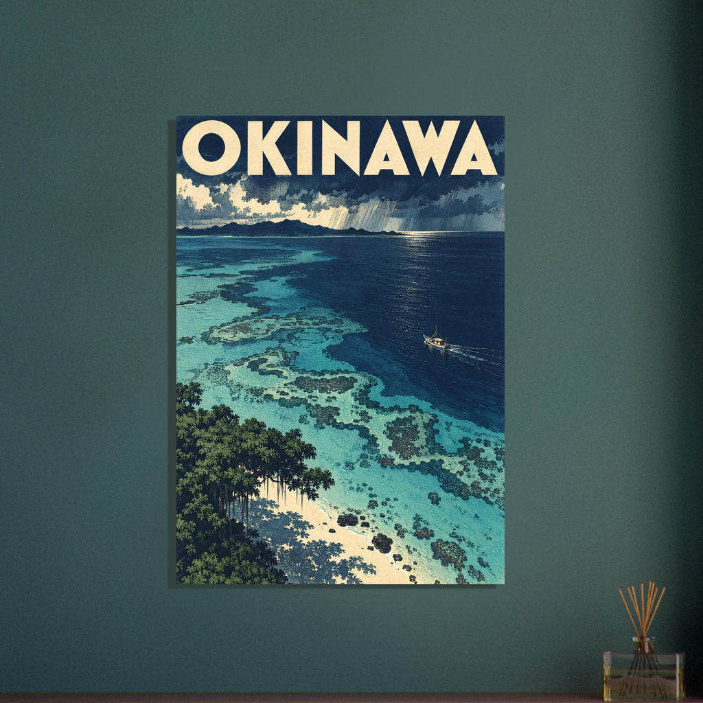 Okinawa travel poster with turquoise reefs, navy sea, a small boat, sandy shore and storm clouds beneath cream lettering.
