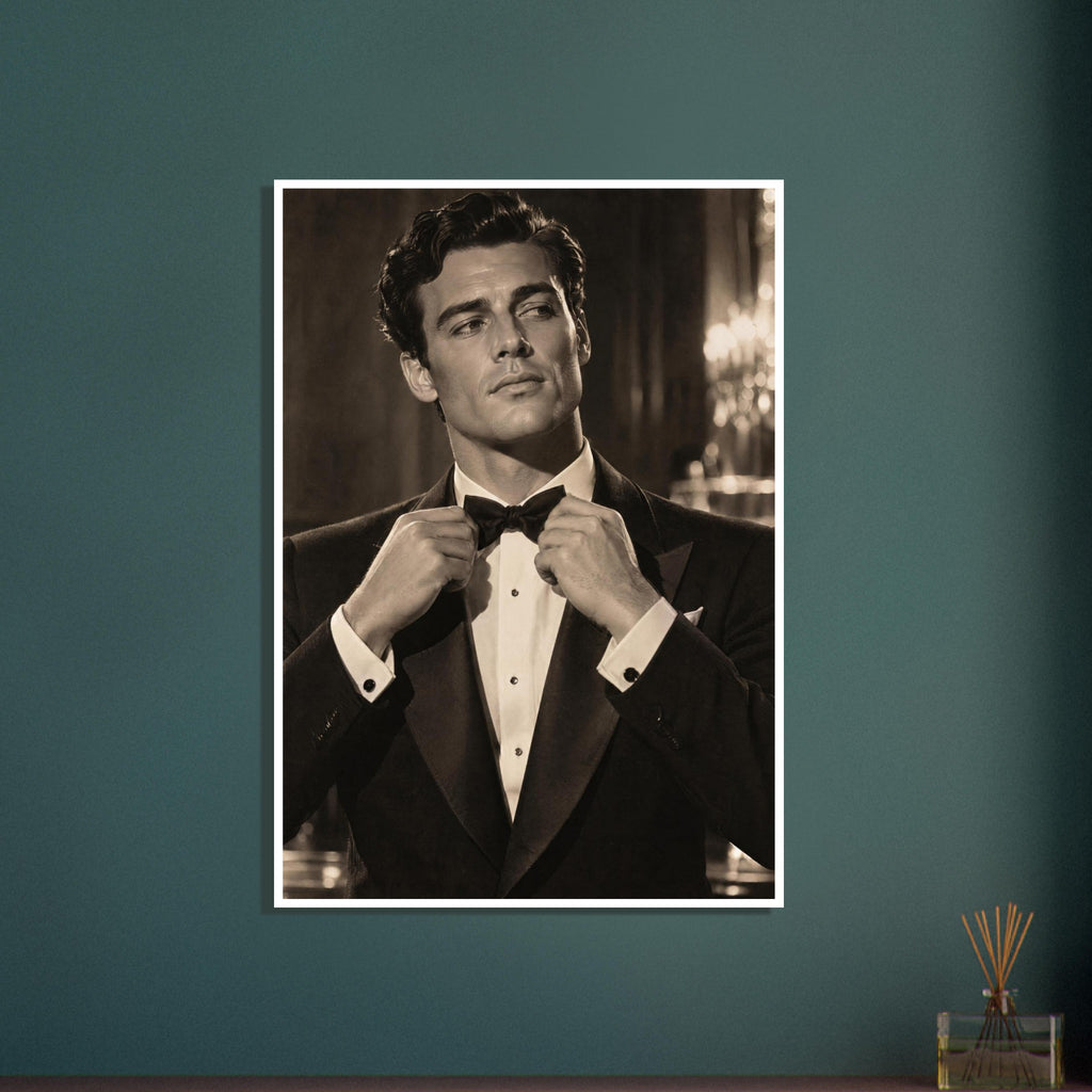 Man in a dark dinner jacket adjusting his bow tie, looking sideways, with blurred lights behind him in warm sepia tones.