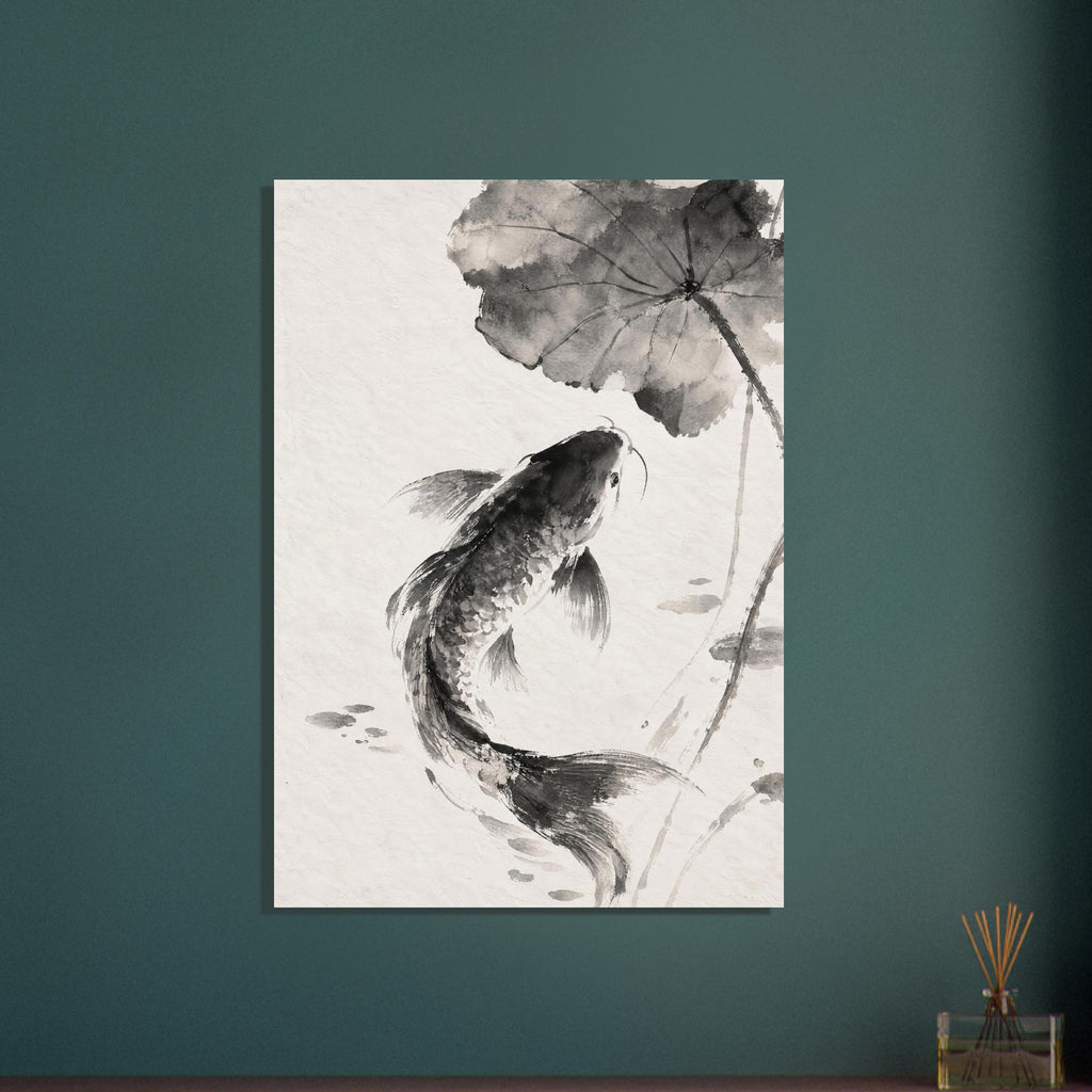 Carp with flowing fins curves beneath a broad veined leaf, rendered in black and grey washes on a warm ivory background.