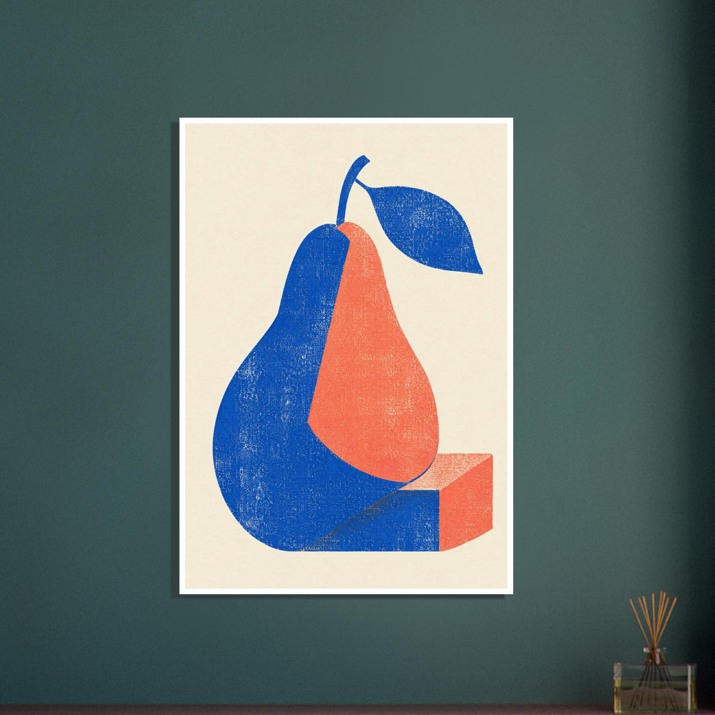 Stylised blue and coral pear with a blue leaf and geometric base, rendered in a distressed texture on cream.
