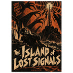 Radio tower above a stormy island, clawed shadows and a man at radio equipment in orange and black with horror lettering.