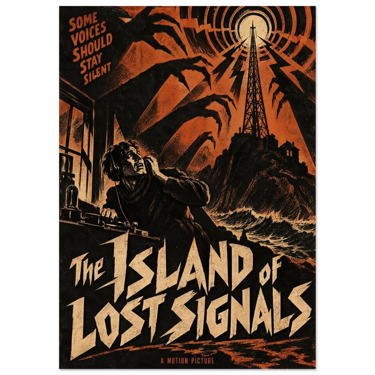 Radio tower above a stormy island, clawed shadows and a man at radio equipment in orange and black with horror lettering.