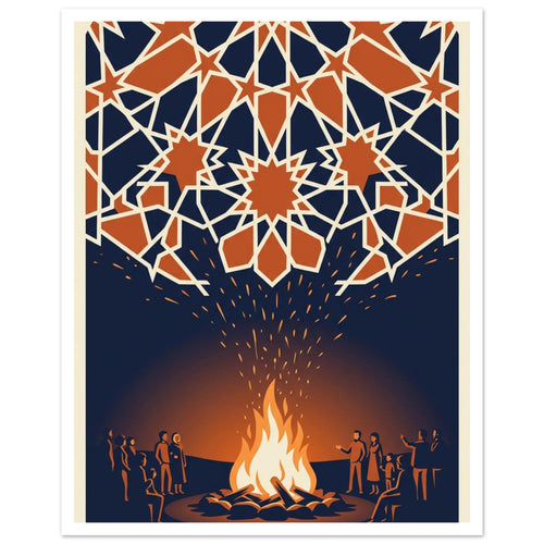 People gathered around a glowing bonfire beneath a canopy of orange geometric stars with cream outlines on navy.