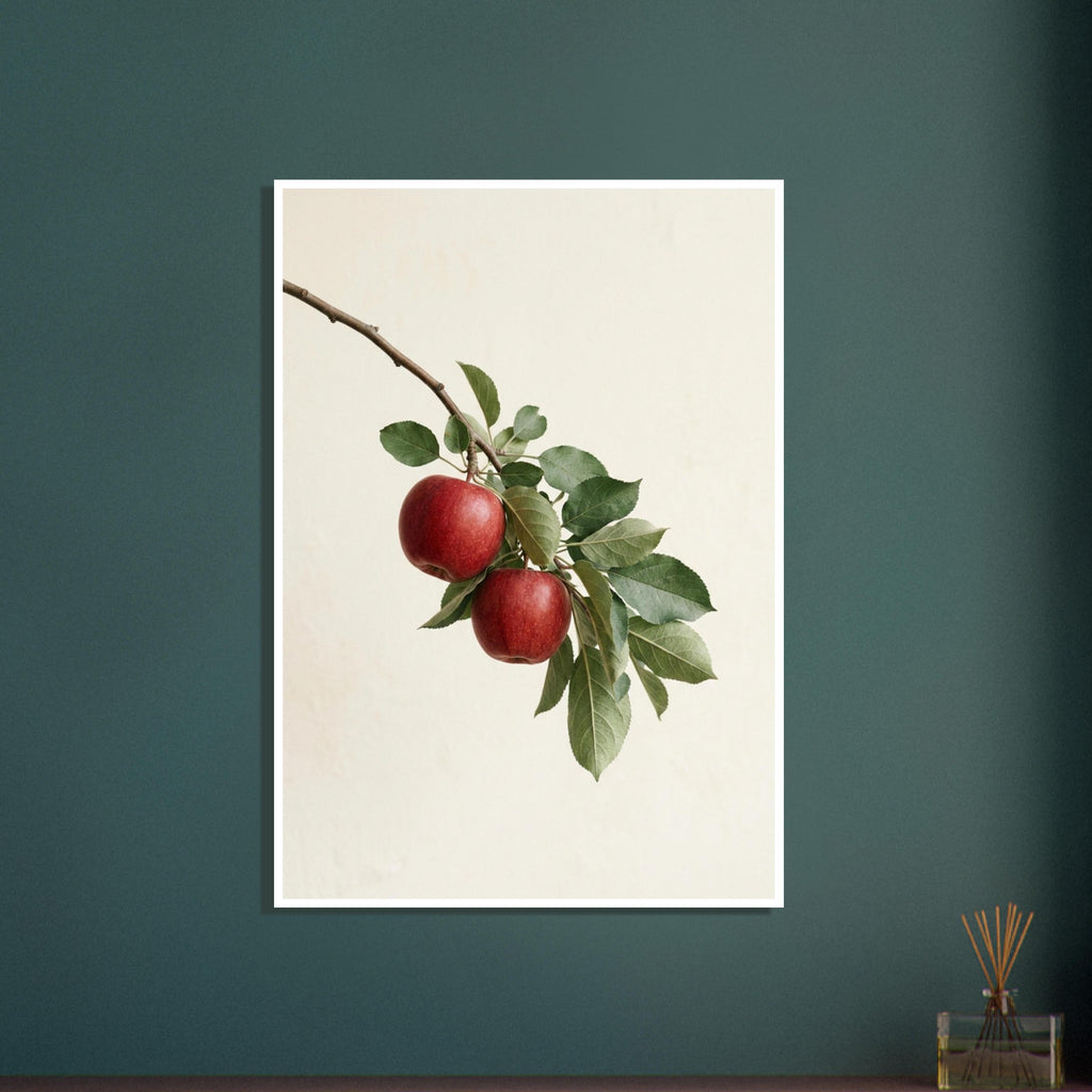 Two red apples hanging from a diagonal brown branch with green leaves against a soft cream background.
