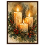 Watercolour painting of three lit advent candles with spruce sprigs and red berries