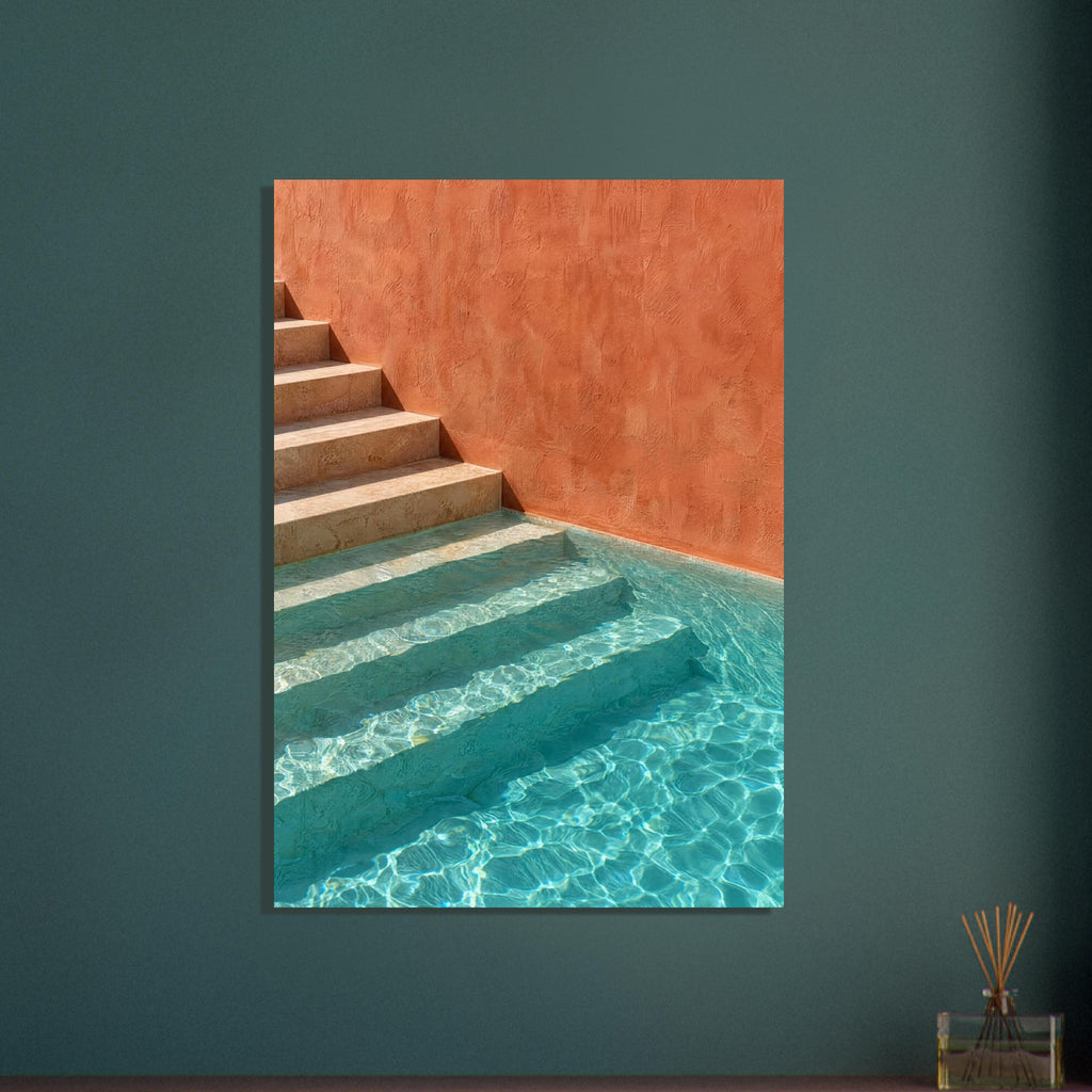 Stone steps descending into turquoise pool water beside a terracotta wall, with sunlight rippling across submerged stairs.