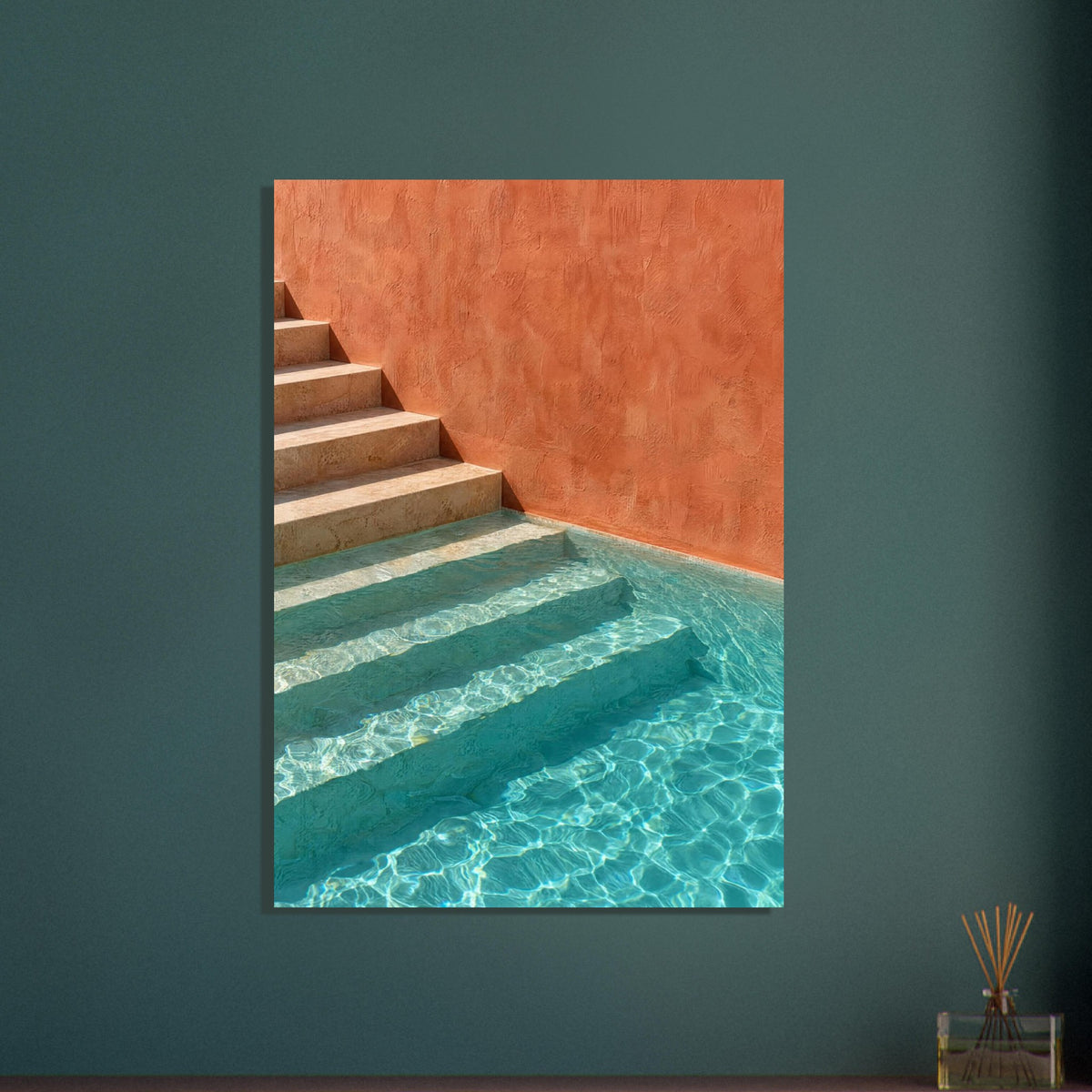 Stone steps descending into turquoise pool water beside a terracotta wall, with sunlight rippling across submerged stairs.