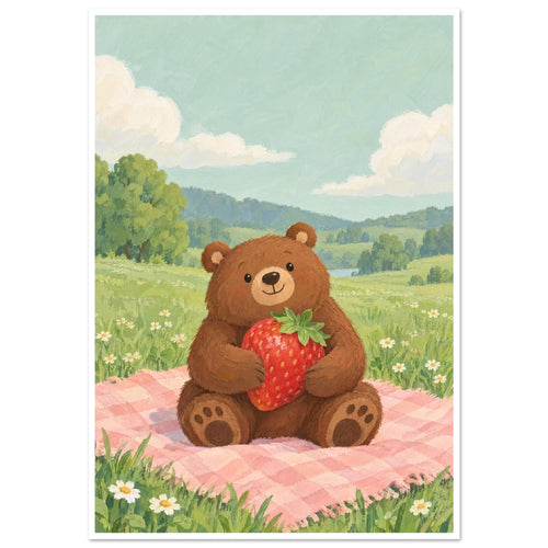 Brown bear holding a large strawberry on a pink checked picnic blanket in a green meadow with daisies and cream clouds.