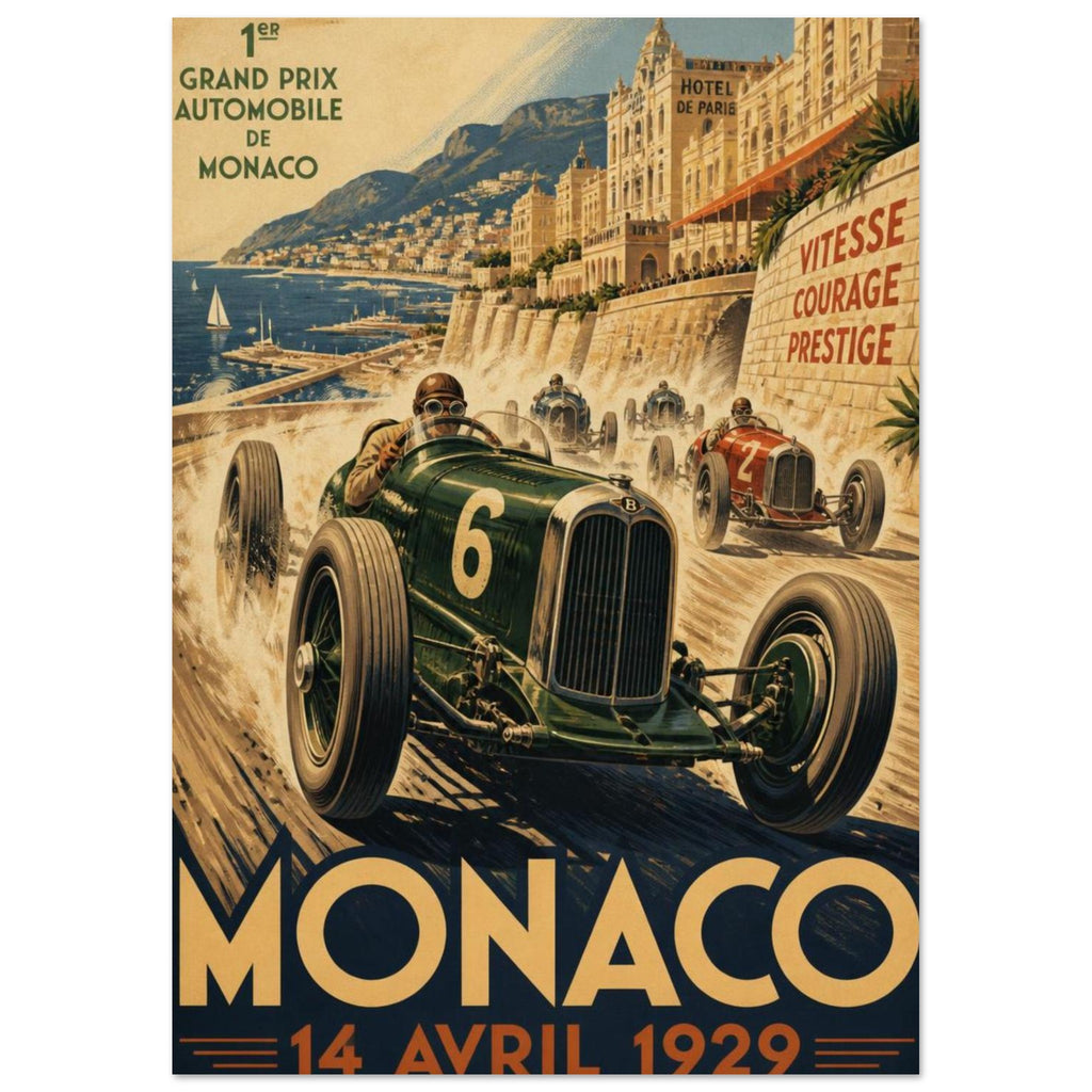 Vintage-style Monaco Grand Prix poster with racing cars beside a harbour, grand buildings and text dated 14 Avril 1929.