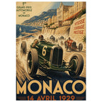 Vintage-style Monaco Grand Prix poster with racing cars beside a harbour, grand buildings and text dated 14 Avril 1929.