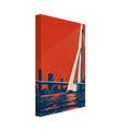 Erasmus Bridge with cream cables above a dark blue waterfront and skyline, set against a textured orange-red sky.
