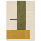 Olive vertical rectangle and ochre horizontal band on a textured cream background, intersected by thin black lines.