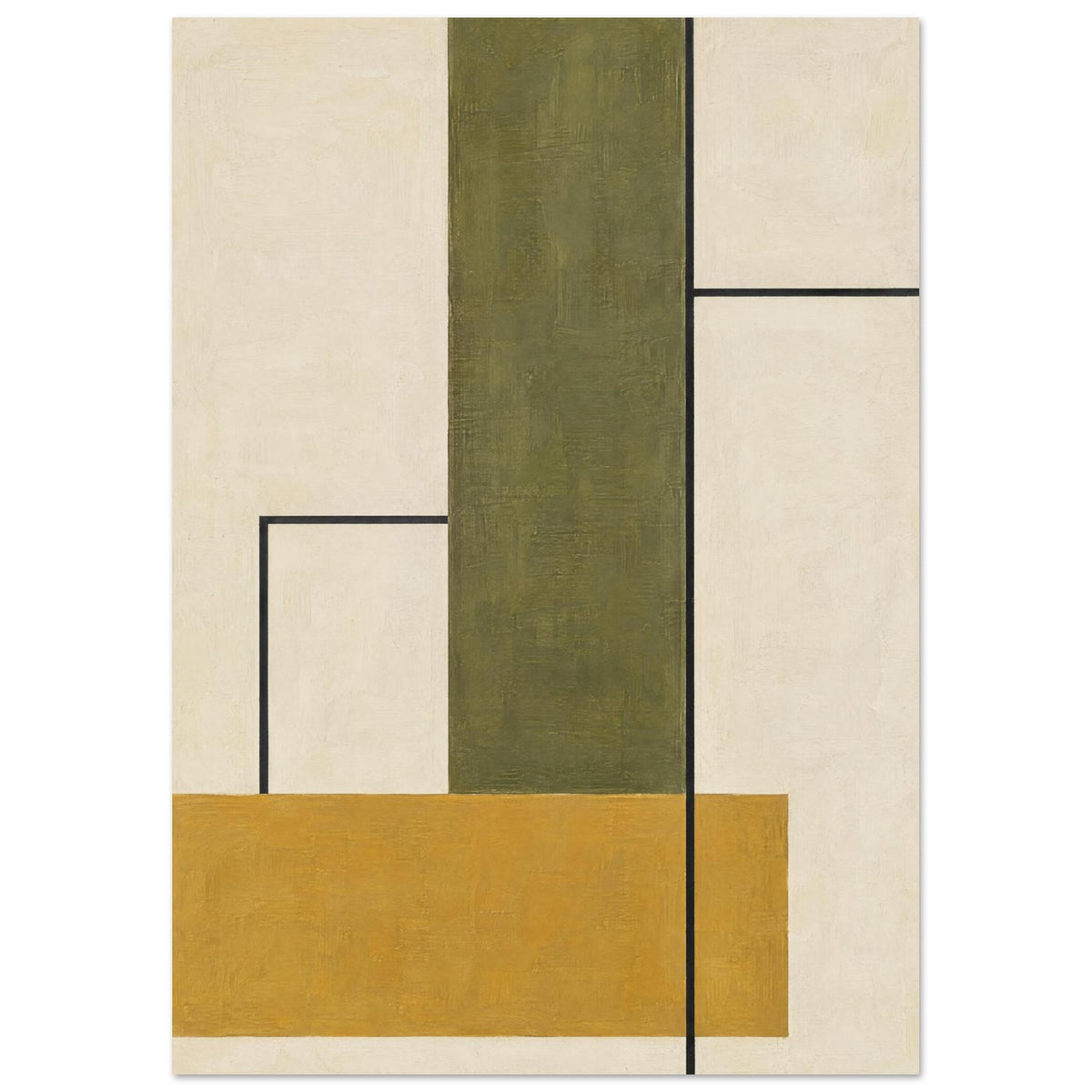 Olive vertical rectangle and ochre horizontal band on a textured cream background, intersected by thin black lines.
