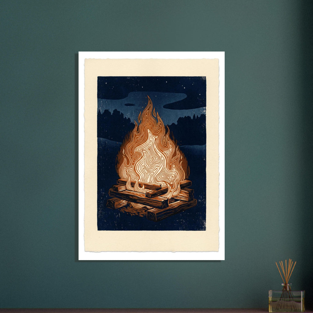 Bonfire with cream and orange patterned flames above stacked logs, against a navy night sky within a cream border.