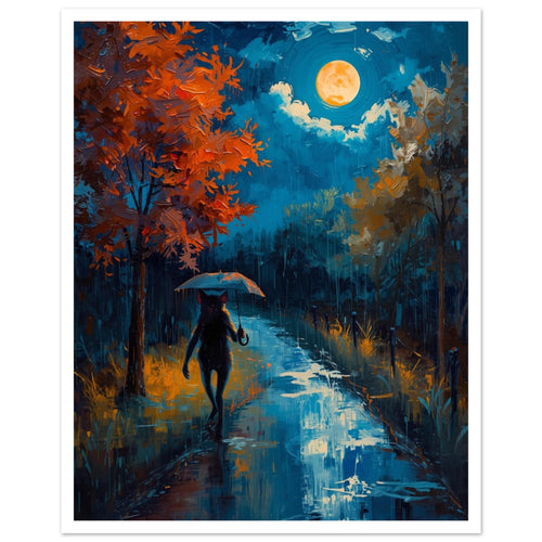 Black cat holding an umbrella on a wet path beneath a golden moon, with orange trees and blue reflections.